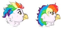 Size: 1280x612 | Tagged: safe, artist:shimazun, oc, oc only, oc:rainbow feather, hippogriff, alternate hairstyle, beak, interspecies offspring, magical lesbian spawn, messy hair, multicolored hair, offspring, parent:gilda, parent:rainbow dash, parents:gildash, rainbow hair, simple background, solo, white background