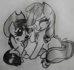 Size: 3040x2878 | Tagged: safe, artist:c.a.m.e.l.l.i.a, apple bloom, applejack, earth pony, pony, g4, black and white, cute, female, grayscale, high res, monochrome, siblings, simple background, sisters, traditional art, white background