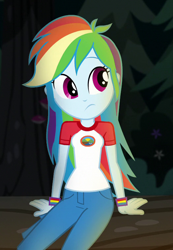 Size: 522x756 | Tagged: safe, screencap, rainbow dash, equestria girls, g4, my little pony equestria girls: legend of everfree, camp everfree outfits, capri pants, clothes, cropped, cute, dashabetes, female, frown, shirt, solo, t-shirt, wristband