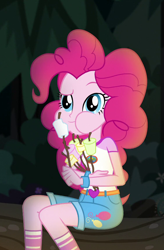 Size: 564x858 | Tagged: safe, screencap, pinkie pie, equestria girls, g4, my little pony equestria girls: legend of everfree, camp everfree outfits, candy, clothes, cropped, cutie mark, cutie mark on clothes, eating, food, marshmallow, shorts, solo, toasted marshmallow