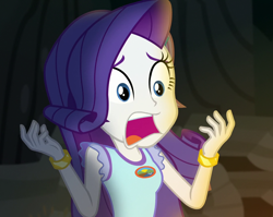 Size: 1354x1080 | Tagged: safe, screencap, rarity, equestria girls, g4, my little pony equestria girls: legend of everfree, camp everfree outfits, cropped, jewelry, scared, solo