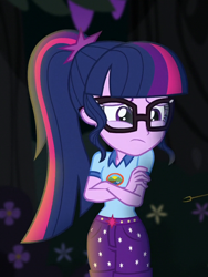 Size: 632x842 | Tagged: safe, screencap, sci-twi, twilight sparkle, equestria girls, g4, my little pony equestria girls: legend of everfree, camp everfree outfits, clothes, cropped, crossed arms, cute, cutie mark, cutie mark on clothes, sad, sadorable, sci-twiabetes, solo, twiabetes, upset