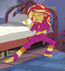 Size: 786x858 | Tagged: safe, screencap, sunset shimmer, equestria girls, g4, my little pony equestria girls: legend of everfree, barefoot, clothes, cropped, cutie mark, cutie mark on clothes, feet, kung fu shimmer, legend of everfeet, pajamas, sleepy, solo