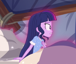 Size: 1258x1060 | Tagged: safe, screencap, sci-twi, twilight sparkle, equestria girls, g4, my little pony equestria girls: legend of everfree, bed, clothes, cropped, cute, in bed, loose hair, magic, magic aura, missing accessory, original hair, pajamas, pillow, sci-twiabetes, solo, twiabetes