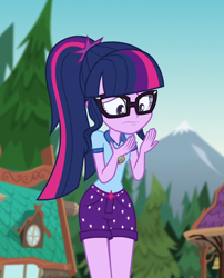 Size: 798x988 | Tagged: safe, screencap, sci-twi, twilight sparkle, equestria girls, g4, my little pony equestria girls: legend of everfree, camp everfree logo, camp everfree outfits, clothes, cropped, cutie mark, cutie mark on clothes, female, glasses, outdoors, ponytail, shorts, solo
