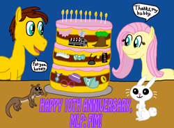 Size: 3282x2418 | Tagged: safe, artist:sb1991, derpibooru exclusive, angel bunny, fluttershy, oc, oc:film reel, oc:phil, otter, pegasus, pony, rabbit, mlp fim's tenth anniversary, g4, 10, animal, anniversary, cake, dialogue, food, happy birthday mlp:fim, high res