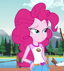 Size: 974x1080 | Tagged: safe, screencap, pinkie pie, equestria girls, g4, my little pony equestria girls: legend of everfree, camp everfree outfits, cropped, forest, hand on hip, lake, mountain, pier, raised eyebrow, solo