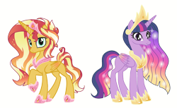 Size: 1600x980 | Tagged: safe, artist:sir-psych0-s3xy, artist:sleepy-rosie-sav, artist:starshade, sunset shimmer, twilight sparkle, alicorn, pony, g4, alicornified, base used, female, mare, race swap, shimmercorn, simple background, transparent background, twilight sparkle (alicorn)