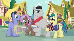 Size: 1280x720 | Tagged: safe, screencap, butter up, cocoa candy, first edition, royal gambit, earth pony, pony, unicorn, fame and misfortune, g4, book, female, magic, male, mare, ponyville, stallion, telekinesis