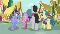 Size: 1280x720 | Tagged: safe, screencap, butter up, cocoa candy, first edition, royal gambit, earth pony, pony, unicorn, fame and misfortune, g4, butt, female, male, mare, plot, ponyville, stallion, walking