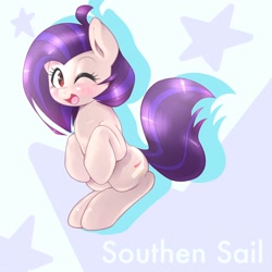 Size: 1536x1536 | Tagged: safe, artist:kurogewapony, oc, oc only, oc:southern sail, earth pony, pony, blushing, female, haunches, looking at you, mare, one eye closed, smiling, solo, wink
