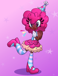 Size: 800x1050 | Tagged: safe, artist:ypuos, pinkie pie, human, g4, clothes, cute, dark skin, diapinkes, female, frilly socks, hat, high heels, humanized, open mouth, party hat, shirt, shoes, skirt, socks, solo, stars, striped socks, t-shirt, thigh highs, vest