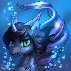 Size: 2000x2000 | Tagged: safe, artist:jedayskayvoker, siren, bubble, bust, commission, curved horn, fangs, fins, high res, horn, kellin quinn, looking at you, male, ponified, request, scales, signature, sleeping with sirens, slit pupils, solo, underwater