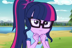Size: 1622x1080 | Tagged: safe, edit, edited screencap, editor:mycarhasamoustache, screencap, sci-twi, twilight sparkle, equestria girls, g4, my little pony equestria girls: legend of everfree, adorkable, camp everfree outfits, cropped, cute, dork, looking at you, sci-twiabetes, smile edit, smiling at you, solo, twiabetes