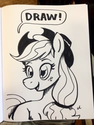 Size: 1536x2048 | Tagged: safe, artist:docwario, applejack, earth pony, pony, g4, applejack's hat, cowboy hat, drawing, hat, jacktober, monochrome, open mouth, pun, quick draw, solo, speech bubble, traditional art