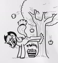 Size: 1888x2048 | Tagged: safe, artist:docwario, applejack, earth pony, pony, g4, apple, applebucking, applejack mid tree-buck facing the left with 3 apples falling down, applejack mid tree-buck with 3 apples falling down, applejack's hat, bucket, bucking, cowboy hat, falling, food, hat, jacktober, monochrome, quick draw, solo, sweat, traditional art, tree
