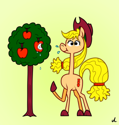 Size: 1440x1512 | Tagged: safe, artist:docwario, applejack, earth pony, pony, g4, apple, applejack's hat, cowboy hat, eating, food, hat, herbivore, jacktober, long neck, simple background, tree, yellow background