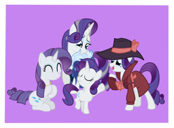 Size: 2726x2022 | Tagged: safe, artist:squipycheetah, part of a set, rarity, pony, unicorn, mlp fim's tenth anniversary, g4, rarity investigates, the last problem, ^^, bow, clapping, clothes, commonity, cute, detective rarity, element of generosity, eyes closed, female, filly, filly rarity, happy, happy birthday mlp:fim, hat, high res, looking down, mare, multeity, older, older rarity, purple background, raised hoof, self ponidox, simple background, sitting, smiling, time paradox, trenchcoat, younger