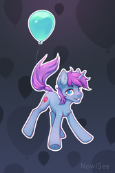 Size: 1600x2400 | Tagged: safe, artist:inowiseei, oc, oc only, oc:mobian, pony, unicorn, abstract background, balloon, commission, floating, horn, male, signature, solo, stallion, unicorn oc, white outline