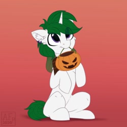 Size: 1280x1280 | Tagged: safe, artist:airfly-pony, oc, oc only, oc:zenith night, pony, unicorn, begging, candy, commission, cute, ear piercing, earring, food, halloween, happy, holiday, horn, jewelry, male, mouth hold, piercing, pumpkin bucket, sitting, stallion, unicorn oc, ych result