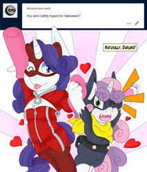 Size: 2341x2750 | Tagged: safe, artist:blackbewhite2k7, rarity, sweetie belle, g4, ann takamaki, ask, clothes, cosplay, costume, crossover, halloween, halloween costume, high res, morgana, panther (persona), parody, persona 5