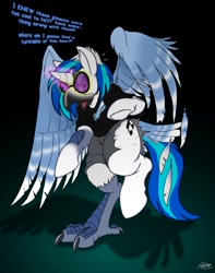 Size: 1010x1280 | Tagged: safe, artist:catmonkshiro, dj pon-3, vinyl scratch, oc, avian, unicorn, anthro, g4, beak, character to character, clothes, digital art, furry, furry oc, furry to pony, glasses, hooves, horn, male to female, non-mlp oc, open mouth, ripping clothes, rule 63, solo, tail, text, transformation, transgender transformation, wings