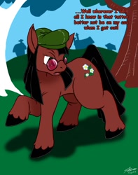 Size: 1010x1280 | Tagged: safe, artist:catmonkshiro, oc, oc only, oc:daisychain, earth pony, pony, angry, bedroom eyes, cutie mark, digital art, female, glasses, hat, hooves, mare, open mouth, solo, tail, text, transformation, tree