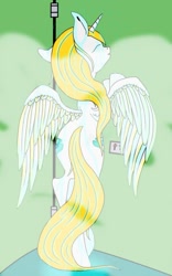Size: 807x1291 | Tagged: artist needed, safe, oc, oc only, oc:sweetie shy, alicorn, pony, alicorn oc, eyes closed, horn, pony oc, shower, smiling, spread wings, standing, wings