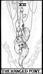 Size: 1132x1920 | Tagged: safe, artist:madhotaru, pony, female, hanging, hanging upside down, harness, long mane, monochrome, pine tree, rope, suspended, tack, tarot card, tree, upside down