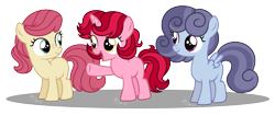 Size: 2015x850 | Tagged: safe, artist:strawberry-spritz, oc, oc only, oc:cherry bomb, oc:morning mist, oc:peach fuzz, earth pony, pegasus, pony, unicorn, base used, female, filly, magical gay spawn, magical lesbian spawn, offspring, parent swap au, parent:bright mac, parent:cookie crumbles, parent:gentle breeze, parent:oc, parent:windy whistles, parents:brightbreeze, parents:oc x oc, parents:windycookie, simple background, transparent background, vector