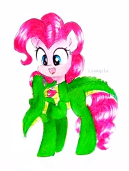 Size: 2194x2925 | Tagged: safe, artist:liaaqila, gummy, pinkie pie, alligator, earth pony, pony, g4, animal costume, clothes, costume, cute, diapinkes, high res, pet, simple background, solo, traditional art, white background