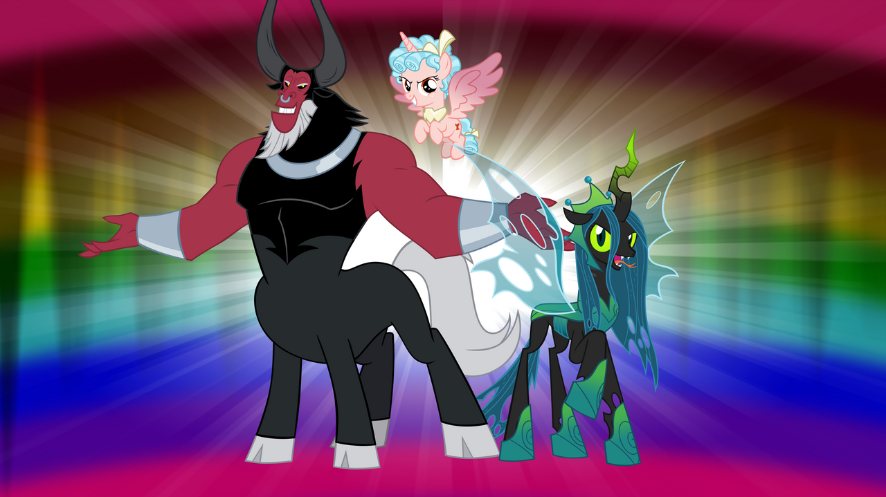 2949578 - safe, artist:ca(oh)2, cozy glow, lord tirek, queen chrysalis,  alicorn, centaur, changeling, changeling queen, pony, taur, g4,  alicornified, animated, bipedal, cozycorn, crossed hooves, dr. livesey, dr. livesey  walk, female, filly, flapping