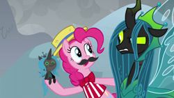 Size: 1920x1080 | Tagged: safe, screencap, pinkie pie, queen chrysalis, changeling, changeling queen, earth pony, pony, g4, the ending of the end, chrysalis plushie, doll, fake moustache, female, mare, toy, ultimate chrysalis