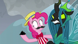 Size: 1920x1080 | Tagged: safe, screencap, pinkie pie, queen chrysalis, changeling, changeling queen, earth pony, pony, g4, the ending of the end, angry, ash, fake moustache, female, mare, ultimate chrysalis