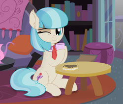 Size: 2313x1959 | Tagged: safe, artist:cyanlightning, artist:mlp-silver-quill, artist:slb94, edit, vector edit, coco pommel, earth pony, pony, g4, cocobetes, coffee cup, cup, cute, eclair, female, food, mare, one eye closed, sitting, smiling at you, solo, vector, wink