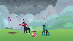 Size: 1920x1080 | Tagged: safe, screencap, cozy glow, lord tirek, pinkie pie, queen chrysalis, rainbow dash, twilight sparkle, alicorn, centaur, changeling, changeling queen, earth pony, pegasus, pony, g4, the ending of the end, alicornified, bracer, cloven hooves, colored hooves, cozycorn, fake moustache, female, fight, filly, flying, glowing horn, hat, horn, male, mare, nose piercing, nose ring, piercing, race swap, septum piercing, straw hat, twilight sparkle (alicorn), ultimate chrysalis
