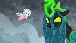 Size: 1920x1080 | Tagged: safe, screencap, cozy glow, queen chrysalis, alicorn, changeling, changeling queen, pony, g4, the ending of the end, alicornified, cozycorn, female, filly, glowing horn, horn, race swap, ultimate chrysalis
