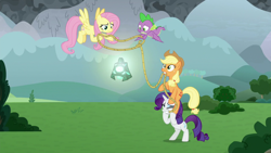 Size: 1920x1080 | Tagged: safe, screencap, applejack, fluttershy, rarity, spike, dragon, earth pony, pegasus, pony, unicorn, g4, the ending of the end, bell, bipedal, female, grogar's bell, holding a pony, lasso, male, mare, rope, winged spike, wings