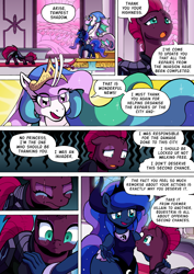 Size: 1204x1700 | Tagged: safe, artist:tarkron, princess celestia, princess luna, tempest shadow, centaur, pony, siren, unicorn, anthro, comic:shadows of the past (tarkron), series:creature-verse, g4, anthro centaur, armor, breath, broken horn, canterlot castle, centaurified, comic, commission, crying, door, door opening, doorway, eyes closed, female, horn, knocking, lunataur, royal sisters, scar, siblings, sirenified, sisters, species swap, stained glass, teary eyes