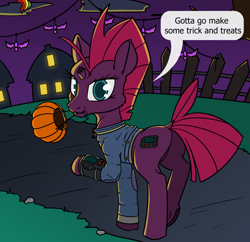 Size: 1400x1353 | Tagged: safe, artist:dacaoo, tempest shadow, oc, oc:littlepip, pony, unicorn, fallout equestria, g4, broken horn, butt, clothes, cosplay, costume, dock, fake cutie mark, fallout, horn, jumpsuit, looking at you, mouth hold, nightmare night, nightmare night costume, pipbuck, plot, pumpkin bucket, solo, vault suit