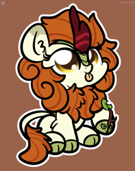 Size: 2560x3250 | Tagged: dead source, safe, artist:php142, autumn blaze, kirin, g4, :p, autumn blaze's puppet, awwtumn blaze, brown background, chibi, cloven hooves, cute, female, high res, kimjoman is trying to murder us, kirinbetes, mare, simple background, solo, tongue out