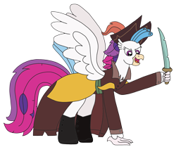 Size: 2934x2448 | Tagged: safe, artist:supahdonarudo, queen novo, classical hippogriff, hippogriff, g4, my little pony: the movie, boots, clothes, costume, halloween, halloween costume, hat, high res, holiday, pirate, pirate hat, shoes, simple background, sword, transparent background, trenchcoat, weapon