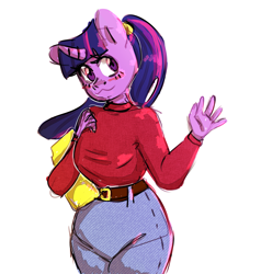 Size: 3805x4000 | Tagged: safe, artist:ranillopa, twilight sparkle, unicorn, anthro, g4, alternate hairstyle, blushing, clothes, simple background, solo, student, sweater, unicorn twilight, white background