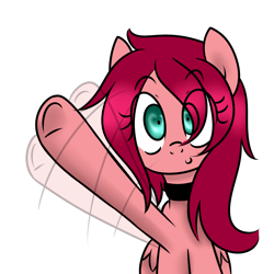 Size: 1200x1200 | Tagged: safe, artist:fullmetalpikmin, oc, oc only, oc:switchy, pony, clopclop, collar, female, looking at you, mascot, r/clopclop, r/clopclop mascot, red coat, red hair, reddit, simple background, smiling at you, solo, transparent background, wave, waving