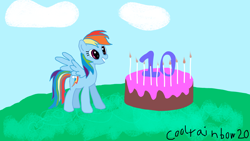 Size: 1920x1080 | Tagged: safe, artist:coolrainbow20, derpibooru exclusive, rainbow dash, pegasus, pony, mlp fim's tenth anniversary, g4, 10, birthday, cute, happy birthday mlp:fim, multicolored hair, smiling, solo, wings