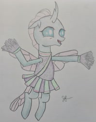 Size: 2617x3311 | Tagged: safe, artist:goldenflow, ocellus, changedling, changeling, 2 4 6 greaaat, g4, cheerleader, cheerleader ocellus, cheerleader outfit, clothes, colored pencil drawing, cute, diaocelles, female, high res, pom pom, simple background, solo, traditional art, white background