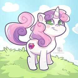 Size: 1024x1024 | Tagged: safe, artist:miksketched, sweetie belle, pony, unicorn, g4, cloud, cute, cutie mark, diasweetes, female, filly, grass, looking at you, no pupils, smiling, solo, the cmc's cutie marks