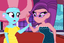 Size: 1356x910 | Tagged: safe, artist:lindsaylovel, edit, editor:ktd1993, cup cake, spoiled rich, equestria girls, g4, afro, clothes, dress, equestria girls-ified, female, infidelity, lesbian, mansion, party, ship:spoiledcake, shipping