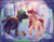 Size: 4200x3300 | Tagged: safe, artist:viwrastupr, roseluck, oc, oc:spark gap, bat pony, earth pony, pony, fanfic:fine print, g4, alternate hairstyle, bat pony oc, bat wings, canon x oc, duo, female, gazebo, kissing, male, mare, rosegap, stallion, wings