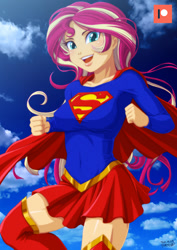 Size: 707x1000 | Tagged: safe, artist:uotapo, sunset shimmer, equestria girls, g4, breasts, cape, clothes, costume, crossover, dc comics, female, looking at you, open mouth, skirt, socks, solo, supergirl, superhero, superman, thigh boots, thigh highs, zettai ryouiki